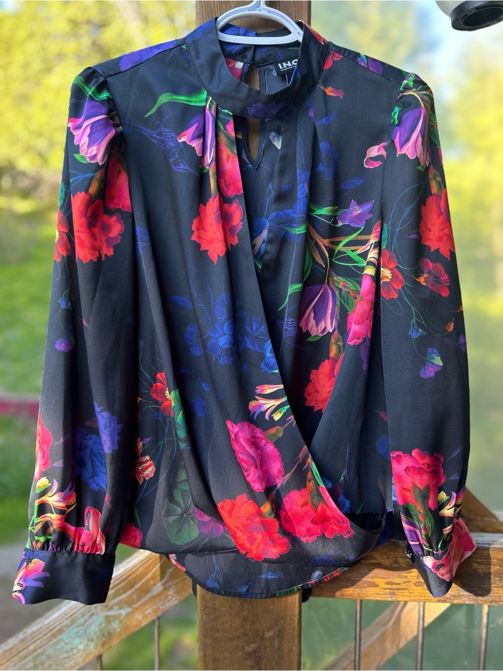 INC International Concepts Black Floral Wrap-Front Blouse